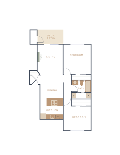 A floor plan of a house with a kitchen, two bedrooms, a bathroom, a living room and a dining room.
